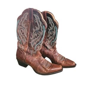 J.B. Dillon Leather Brown and Blue Heeled Western Style Boots Size 10 B NARROW